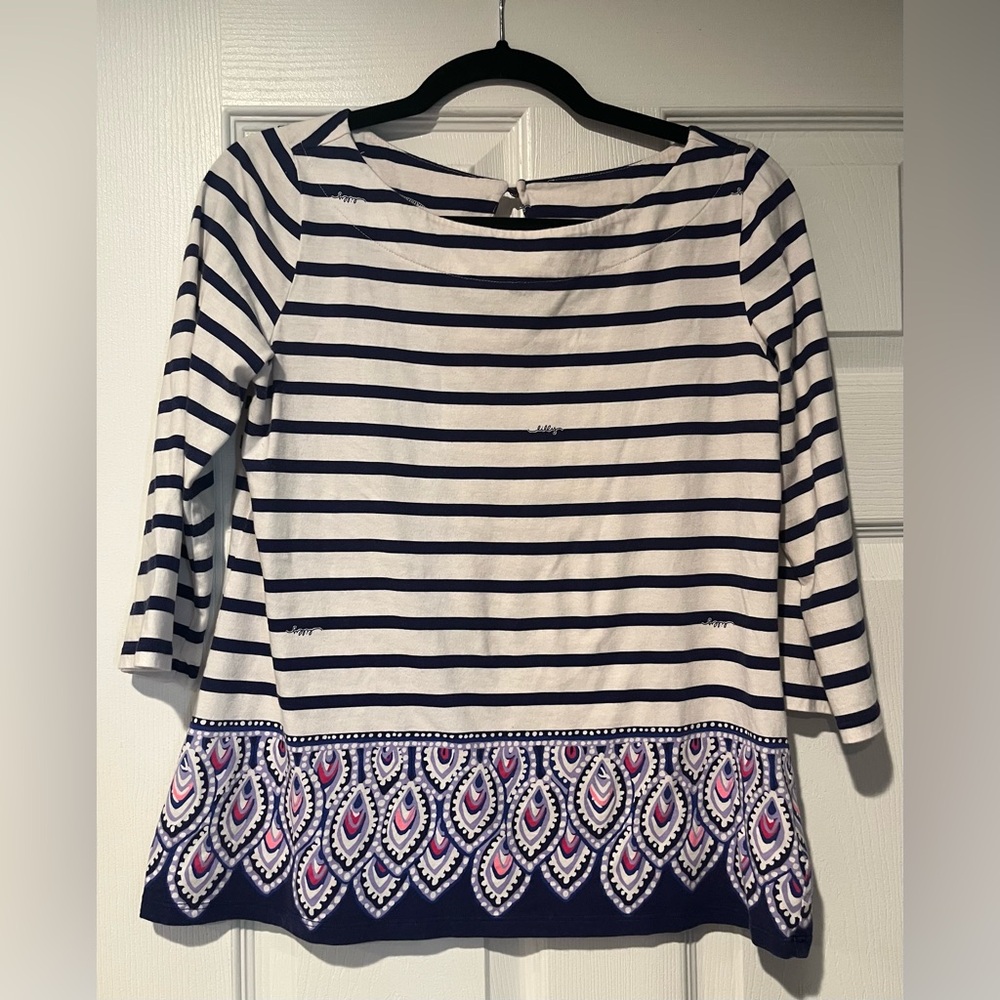 Striped Navy and White Top with Paisley Hem
